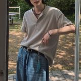 亨利領短袖T恤寬鬆休閒半袖體恤韓系通勤老錢風穿搭潮