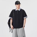 夏季假兩件男半袖Polo衫翻領格紋拼接T卹美式寬鬆短袖衫