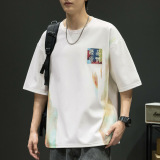 美式復古紮染個性潮牌短袖T卹男士夏季寬鬆刺繡套頭上衣