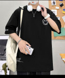 時尚潮流笑臉設計感鹽系圓領T卹夏季男士寬鬆印花體卹