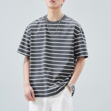 夏季冰感條紋日系休閒T卹寬鬆百搭水洗男士圓領短袖上衣