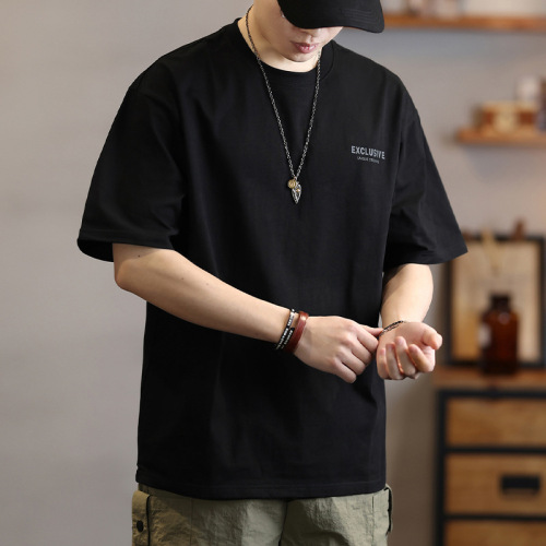 簡約潮牌印花短袖T卹男士夏季潮流寬鬆圓領半袖上衣體恤