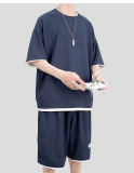 時尚華夫格運動套裝男夏季原宿風寬鬆休閒短袖短褲兩件套裝