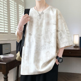 潮流小眾設計感不規則扎染冰絲短袖T卹男士寬鬆休閒圓領上衣