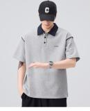 潮牌字母刺繡翻領短袖Polo衫男士寬鬆撞色領口設計T卹夏季