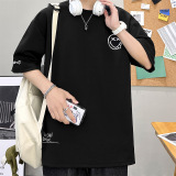 時尚潮流笑臉設計感鹽系圓領T卹夏季男士寬鬆印花體卹