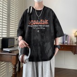 復古紮染印花設計感短袖T卹男士夏季美式潮牌寬鬆落肩袖體卹