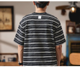 美式重磅拼色條紋短袖T卹男士寬鬆純棉半袖圓領體卹