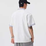 夏季假兩件男半袖Polo衫翻領格紋拼接T卹美式寬鬆短袖衫