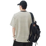 潮流日系條紋T卹男士夏季圓領寬鬆體卹衫休閒短袖上衣