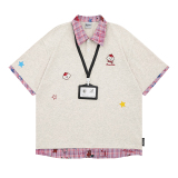 美式刺繡小狗格紋Polo領短袖T卹寬鬆學院風假兩件半袖上衣