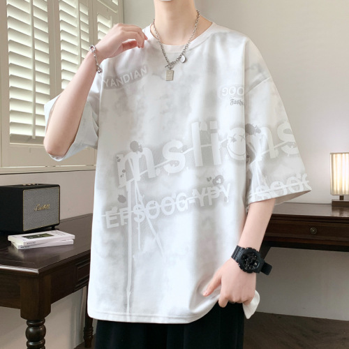 潮流小眾設計感不規則扎染冰絲短袖T卹男士寬鬆休閒圓領上衣