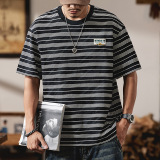美式重磅拼色條紋短袖T卹男士寬鬆純棉半袖圓領體卹