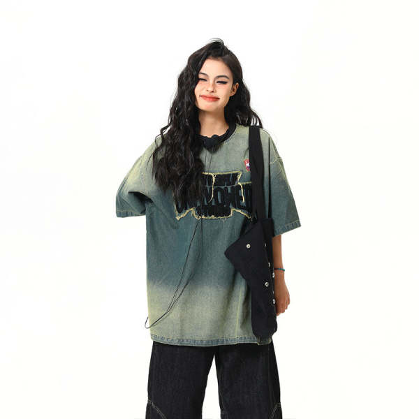 美式復古水洗牛仔短袖女刺繡字母重磅小眾寬鬆情侶半袖Tee