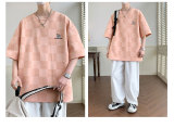 夏季潮流滿印方格紋短袖T卹男士小眾刺繡設計感寬鬆體卹