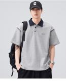 潮牌字母刺繡翻領短袖Polo衫男士寬鬆撞色領口設計T卹夏季