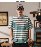 美式重磅拼色條紋短袖T卹男士寬鬆純棉半袖圓領體卹
