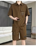 港風寬鬆冰絲薄款套裝設計感口袋翻領短袖T恤五分褲兩件套
