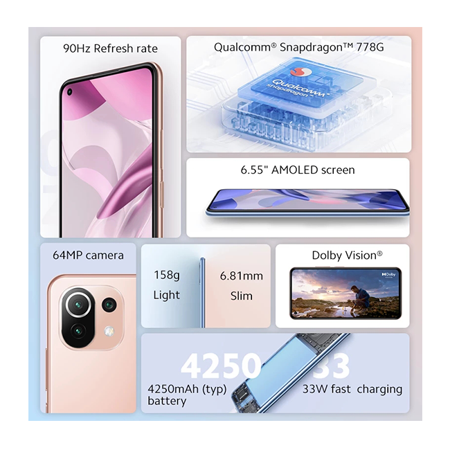 Xiaomi 11 Lite 5G NE -  Smartphone, Globale Version, Snapdragon 778G Octa Core, 64-Megapixel-Kamera, 90-Hz-AMOLED-Display, 33W Schnellladegerät, NFC