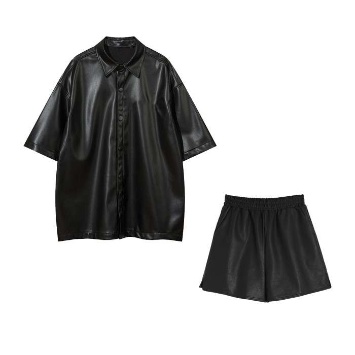 NIGO Leather Short Sleeved Shirt Elastic Shorts Set Suit #nigo94566