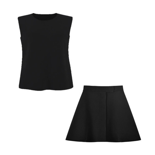 Women's Black Knitted Sleeveless Vest Skirt Set Suit #nigo96217