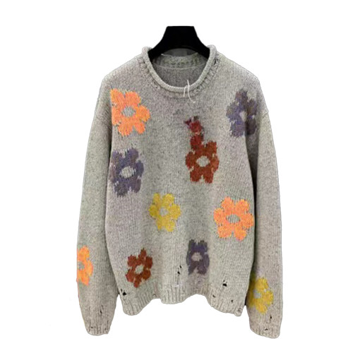 NIGO Floral Embroidery Round Neck Loose Pullover Long Sleeve Men's Fashion Gray Embroidery Loose Crew Knit Sweater #nigo6397