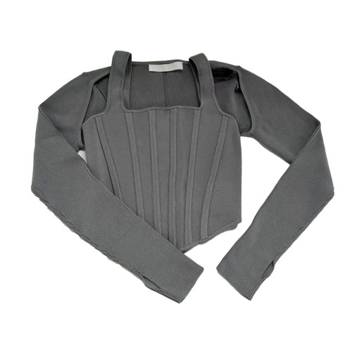 NIGO Short Tight Corset Style Square Neck Casual Long Sleeve T-Shirt Women's Fashion Gray Corset Style Short Top #nigo6435