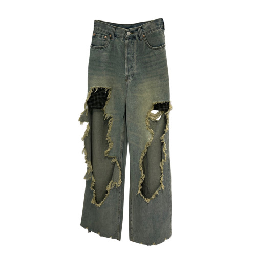 NIGO Solid Color Do Old Big Destruction Jeans Denim Pants Men's Fashion Blue Destroyed Denim Pants #nigo6399