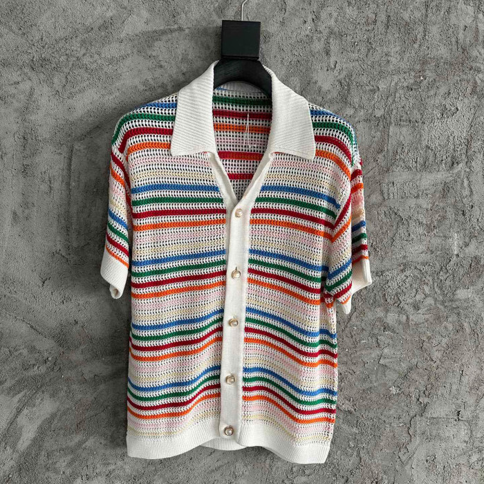NIGO Twist Crochet Knit Striped Short Sleeve Shirt Men's Fashion Multicolor Striped Short Sleeve Shirt Casual Shorts #nigo6394