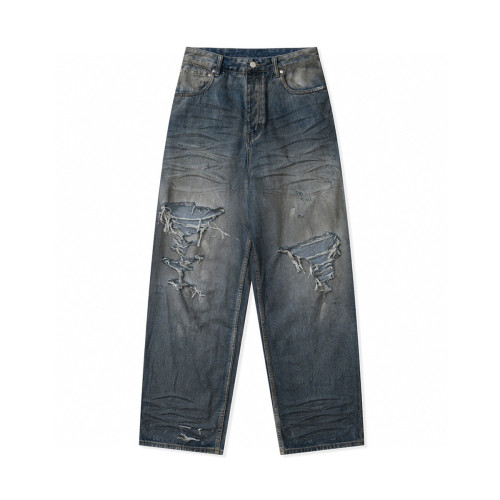 NIGO Front Button Ripped Frayed Jeans Loose Fit Men's and Women's Fashion Blue Destroyed Jeans Pants #nigo6338