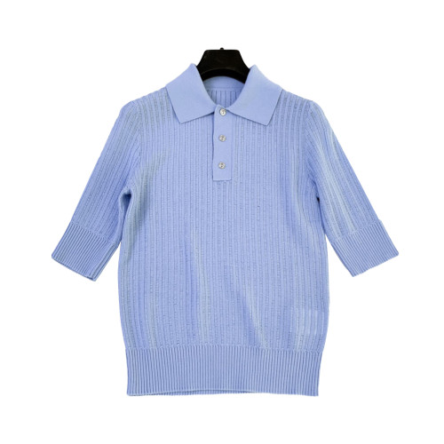 NIGO Solid Color Pointed Neck Slim Short Sleeve T-Shirt Women's Fashion Blue Knit Short Sleeve Sweater #nigo6449
