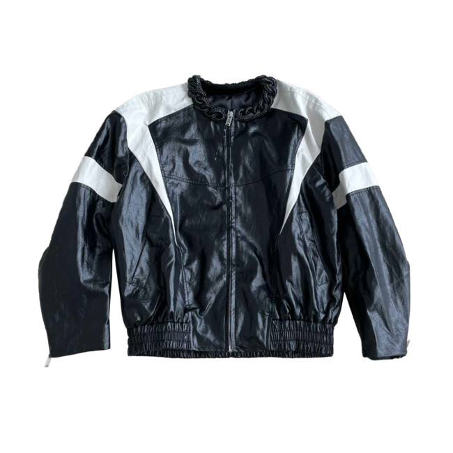 NIGO Round Neck Retro Biker Leather Short Jacket Coat Women's Fashion Loose Top Black Short Leather Jacket #nigo6458