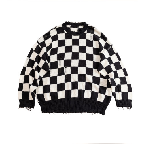 NIGO Checkered Jacquard Round Neck Knit Sweater Black White Checkered Pullover Sweater Loose Men's Women's Fashion #nigo6536
