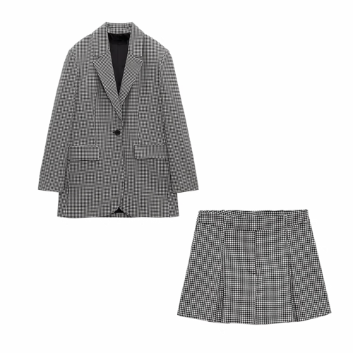 Grey Plaid Long Sleeved Suit Jacket Short Skirt Set #nigo21755