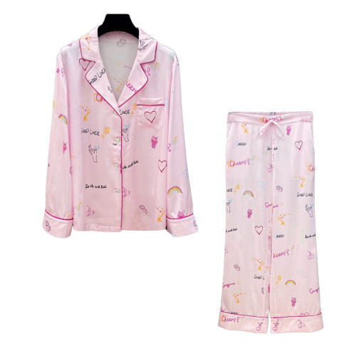 NIGO Silk Pajamas Ladies Fashion Pink Love Crystal Silk Home Wear Pink Printed Pajama Shirt and Pants Ngvp #nigo6551