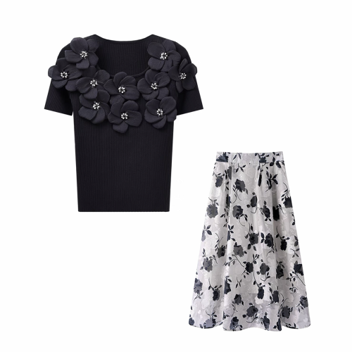 Lace Standing Collar Top Half Length Skirt Set #nigo21928