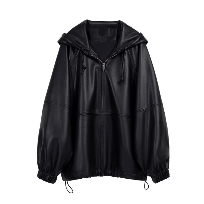 Long Sleeve Zip Hooded Leather Jacket #nigo96667