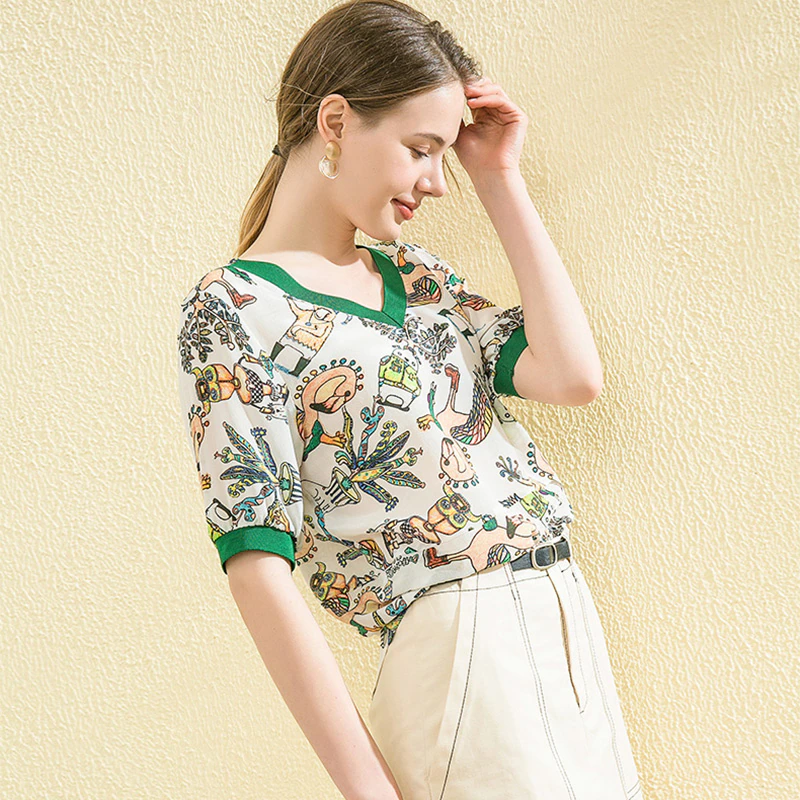 SuyaDream Chiffon Blouse Women 100% Silk Crepe Printed V neck Casual Blouse Shirt 2020 Summer Elegant Silk Top
