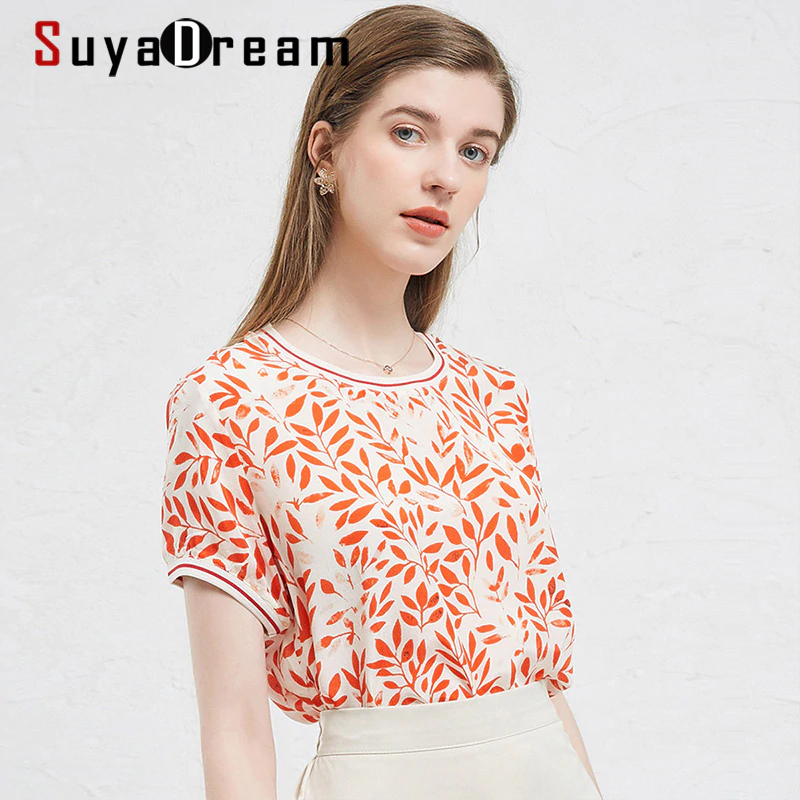 SuyaDream Elegant Women Blouse 100% REAL SILK Crepe Red Print Short Sleeves Blouse Shirt O neck 2021 Summer Shirts