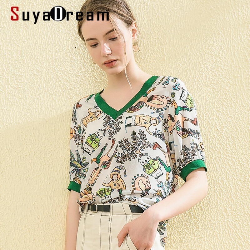 SuyaDream Chiffon Blouse Women 100% Silk Crepe Printed V neck Casual Blouse Shirt 2020 Summer Elegant Silk Top