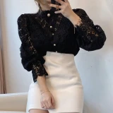 Petal Sleeve Stand Collar Hollow Out Flower Lace Patchwork Shirt Femme Blusas All-match Women Lace Blouse Button White Top 12419