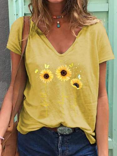 Faith Hope Love Sunflower V-neck Tee Top Women Letter Print T-shirt
