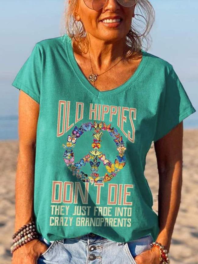 Butterflies Peace Old Hippies Don't Die V-neck Graphic Tees