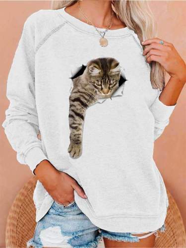 Cute Cat Print Casual Raglan Sleeves Sweatshirt