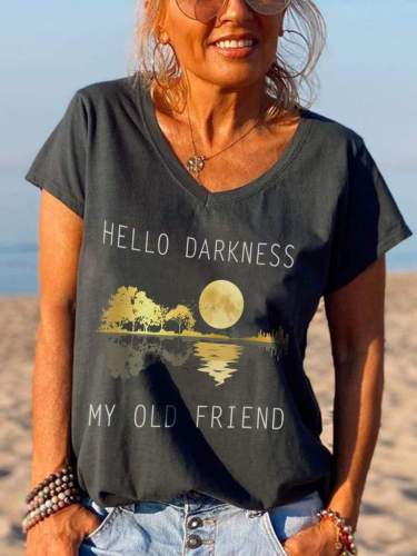 Hello Darkness My Old Friend Moonlight Print Casual T-shirt