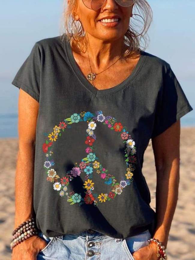 Love And Peace Flower Hippie Print Graphic Tees