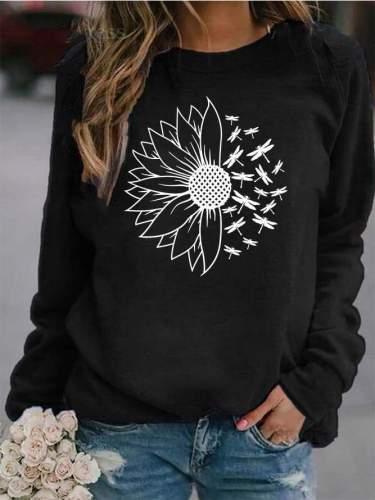 Sunflower With Dragonfly Print Women'S Sweatshirt