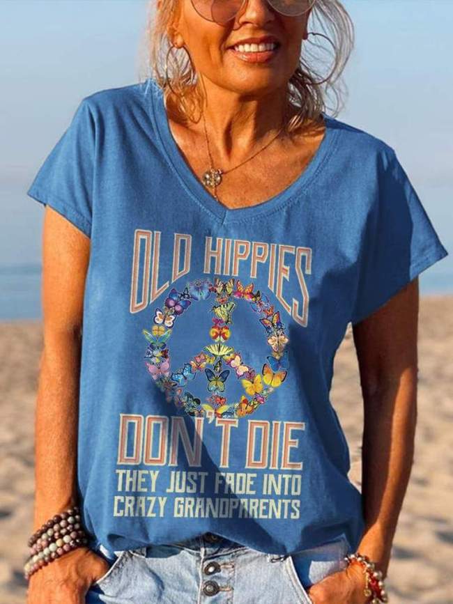 Butterflies Peace Old Hippies Don't Die V-neck Graphic Tees