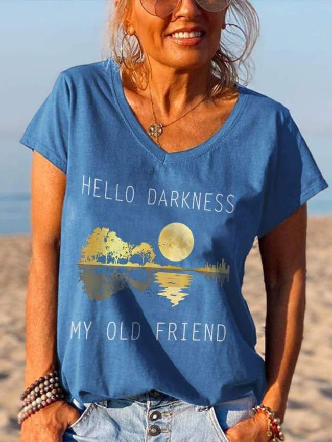 Hello Darkness My Old Friend Moonlight Print Casual T-shirt