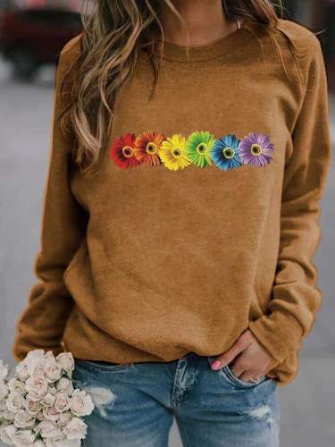Rainbow Sunflower Print Simple Style Crew Neck Sweatshirt